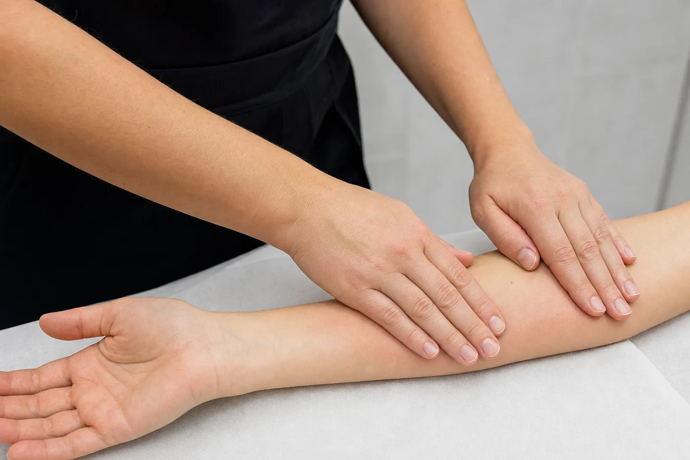 Deux mains à plat, doigts joints, effectuant une manœuvre de drainage lymphatique sur un avant-bras posé sur du papier d’examen.