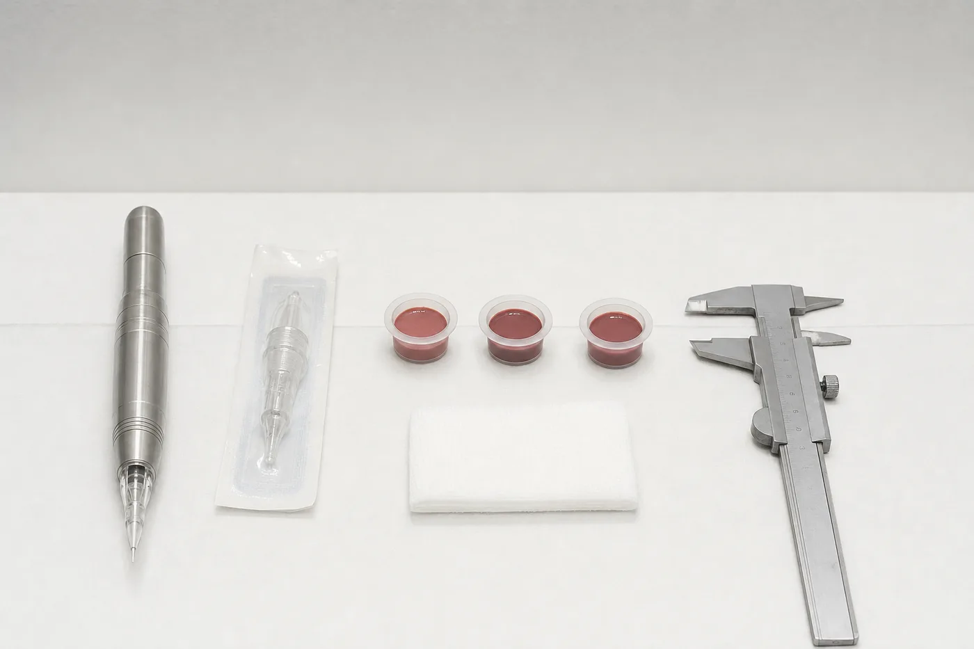 Poste de maquillage semi-permanent préparé : stylet inox, cartouche scellée, godets de pigment rose sourd, compresse pliée.