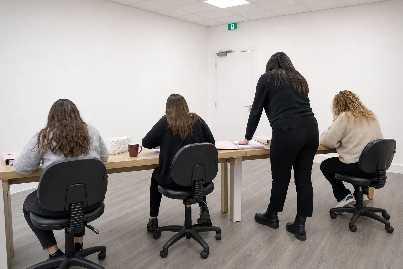 La salle de formation en activité : trois stagiaires à la table de travail en bois clair, la formatrice penchée sur un poste, sous le plafonnier de dalles blanches.