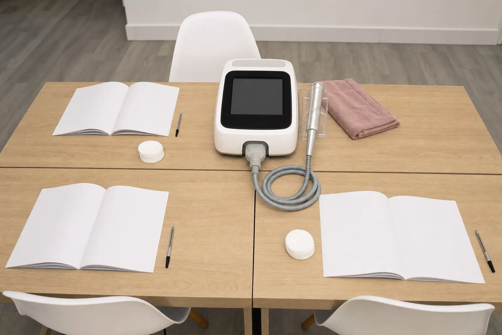 Table de formation en bois clair, appareil de cavitation, carnets ouverts et trois chaises.